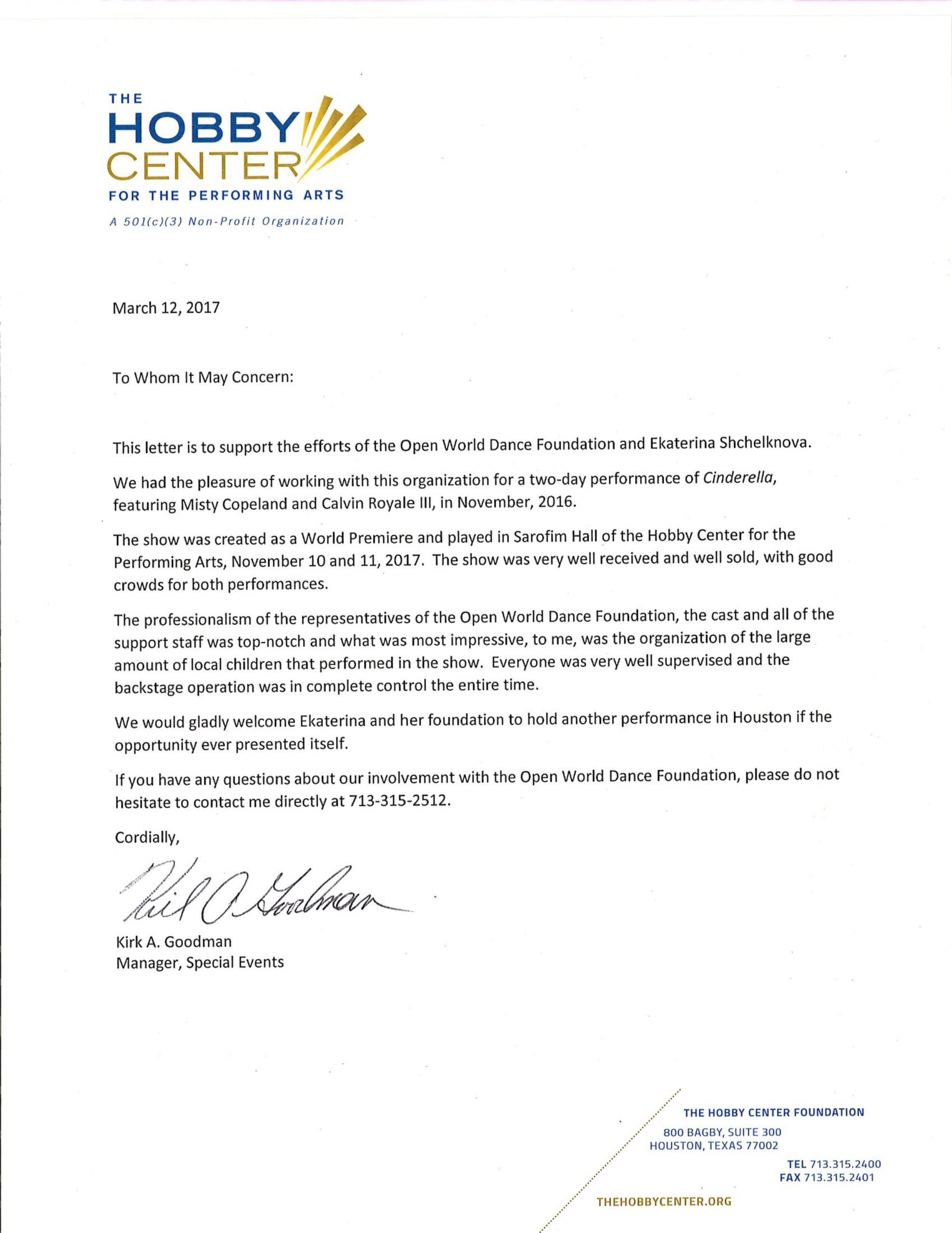 Hobby Center for the Performing Arts signs Letter of Support