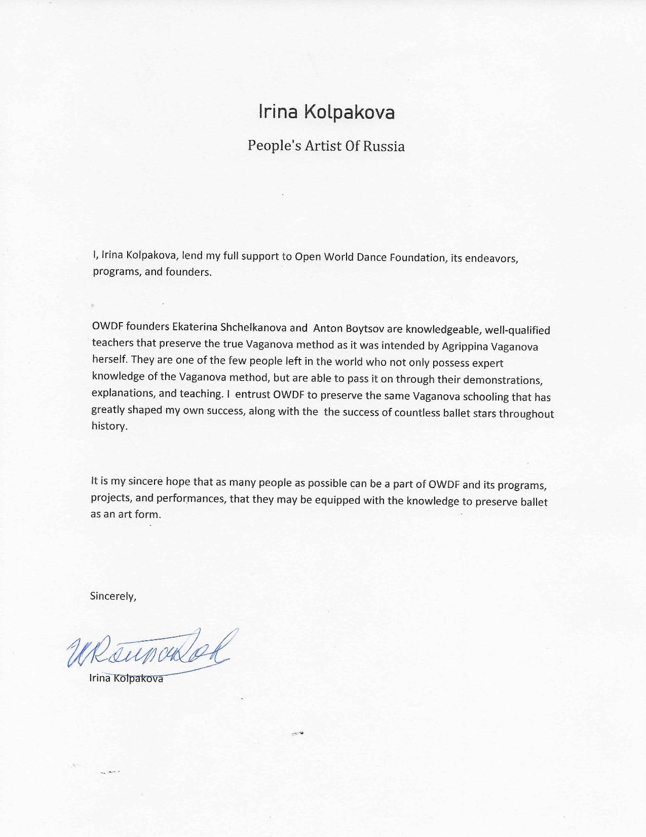 Irina Kolpakova signs Letter of Support for Open World Dance Foundation